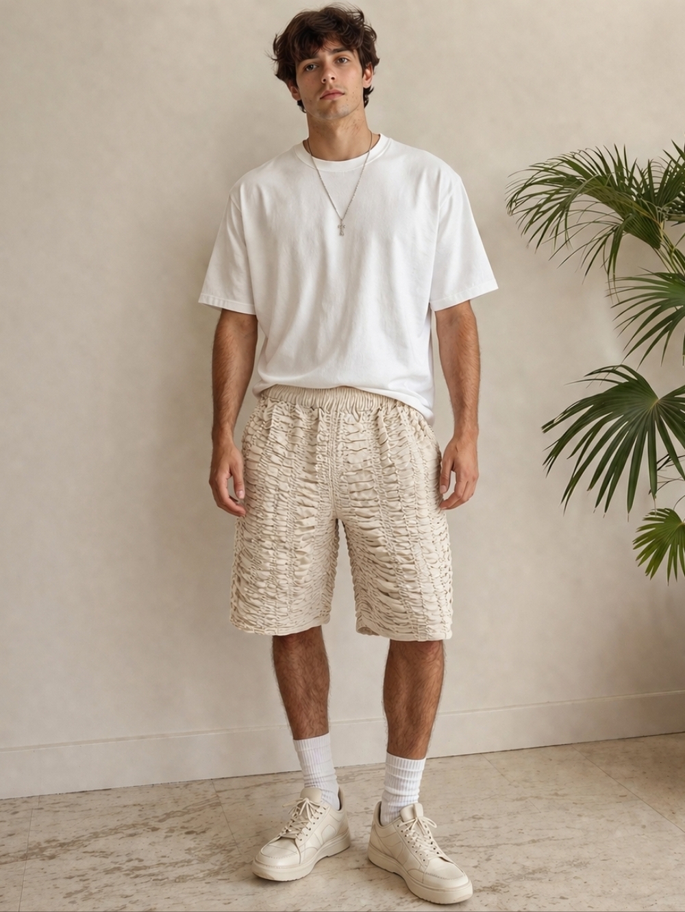Men's Bianca Saunders Cream Ruched Shirred Long Shorts Size Large